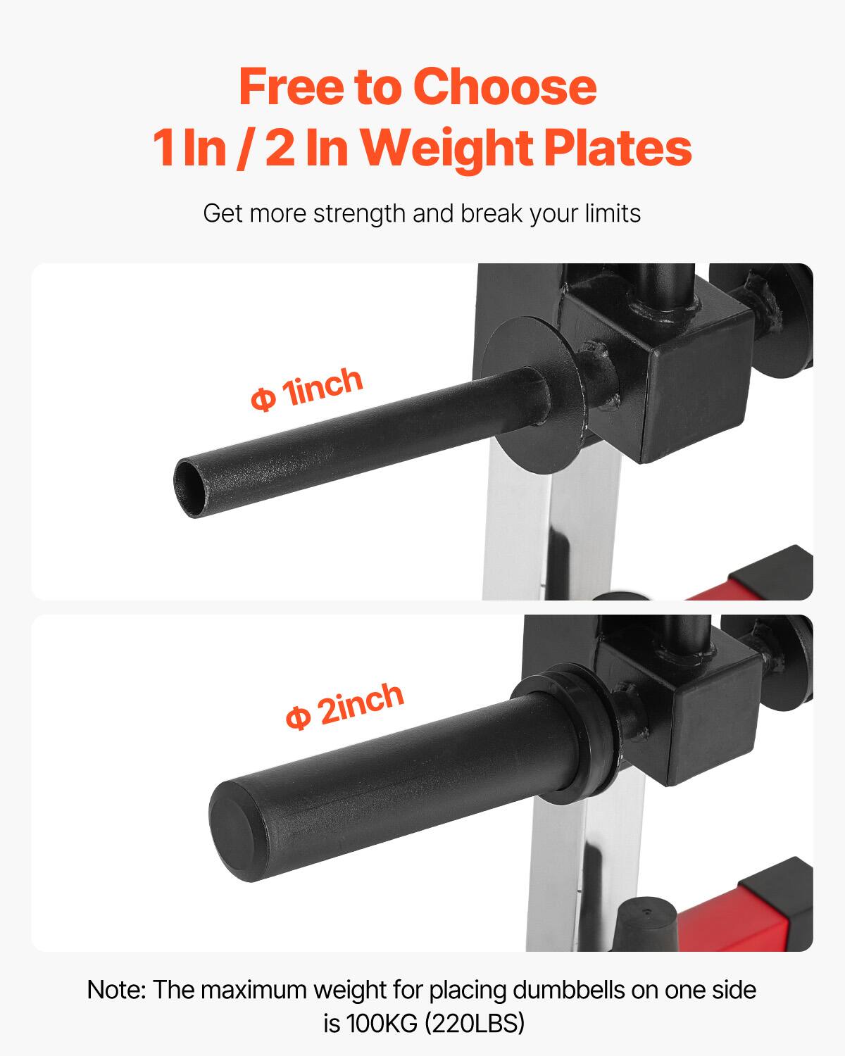 Free to Choose  
1 In / 2 In Weight Plates  

Get more strength and break your limits  

Φ 1 inch  
Φ 2 inch  

Note: The maximum weight for placing dumbbells on one side is 100KG (220LBS)