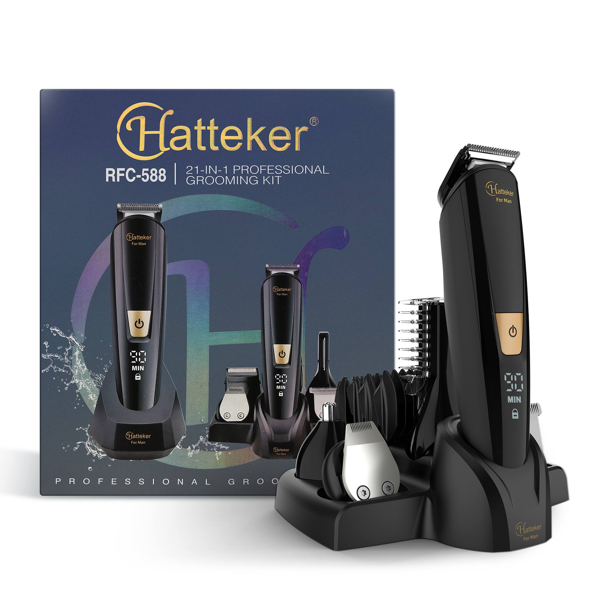 Hatteker 21-IN-1 PROFESSIONAL RFC-588 GROOMING KIT  
Hatteker For Man  
Bameker Man 30m  
MIN  
on JULI MIN 8  
% MIN  
Hatteker For Man  
Gutteker  
PROFESSIONAL GROO  
Hassier REAT For