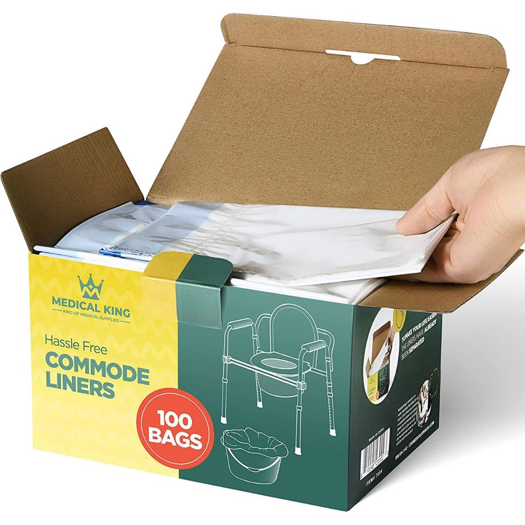Medical King - Commode Liners 100-Pack Toilet Bags for Adult Commode Chairs, Bucket - Leakproof, Hygienic Closure - Universal Fit - Clear