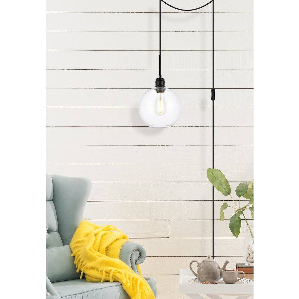 Angle. Living District - Emett 1 Light Black And Clear Glass Plug In Pendant - Black.