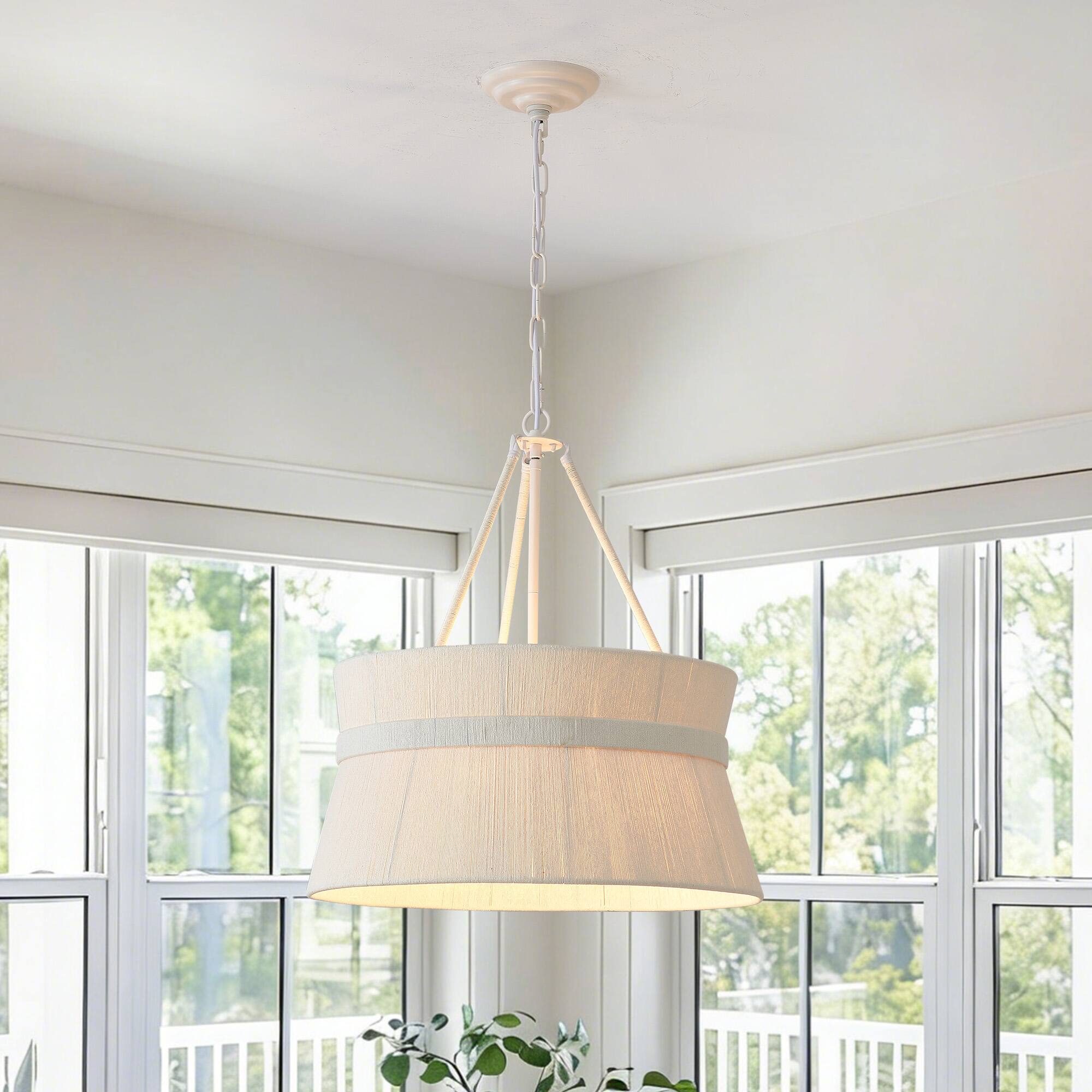 Front. RYHNUYNE - 5 Light White Drum Chandelier with Hand-Woven Rattan Shade 19.68in Pendant Light for Dining Room, Kitchen Island.