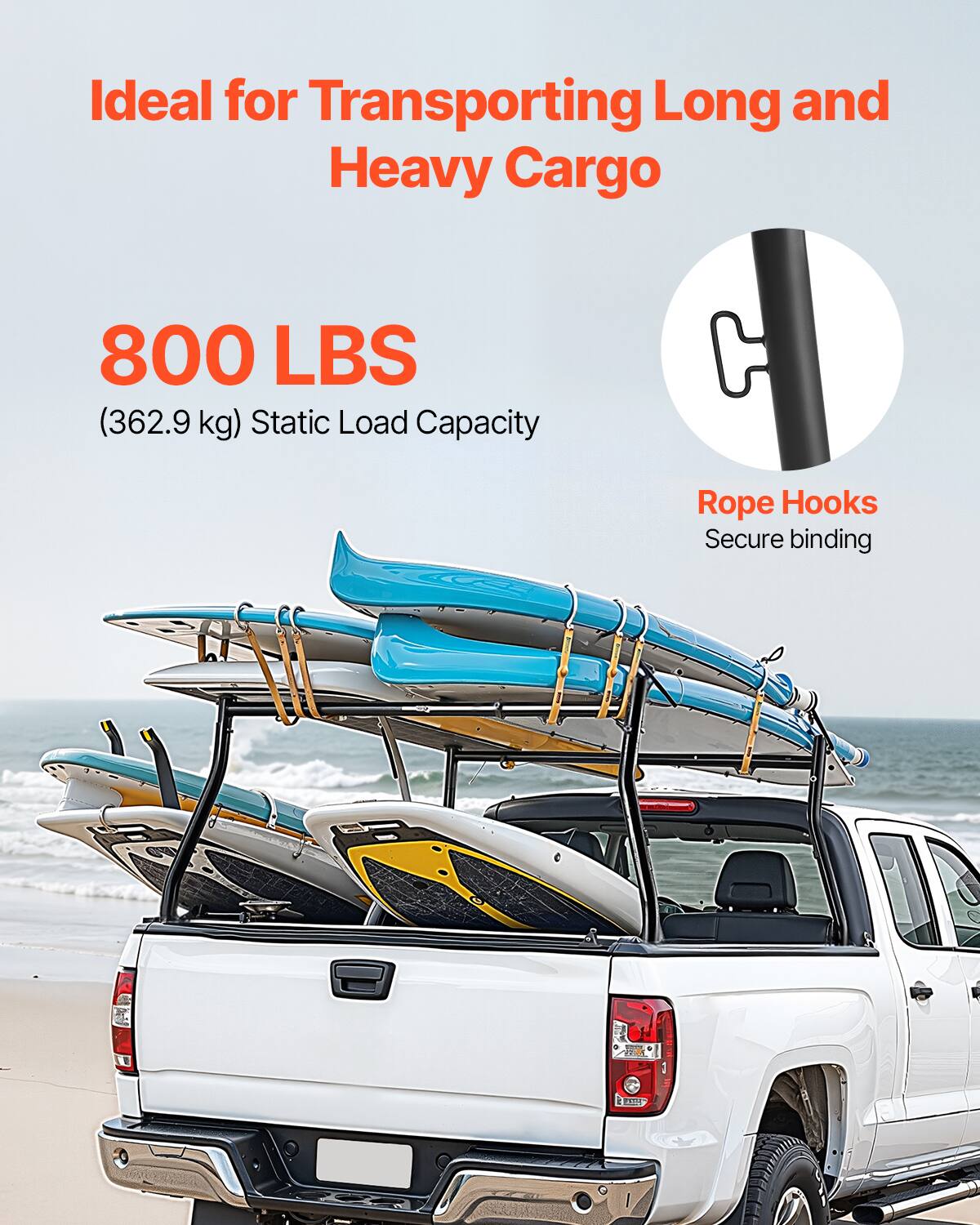 Ideal for Transporting Long and Heavy Cargo

800 LBS  
(362.9 kg) Static Load Capacity

Rope Hooks  
Secure binding