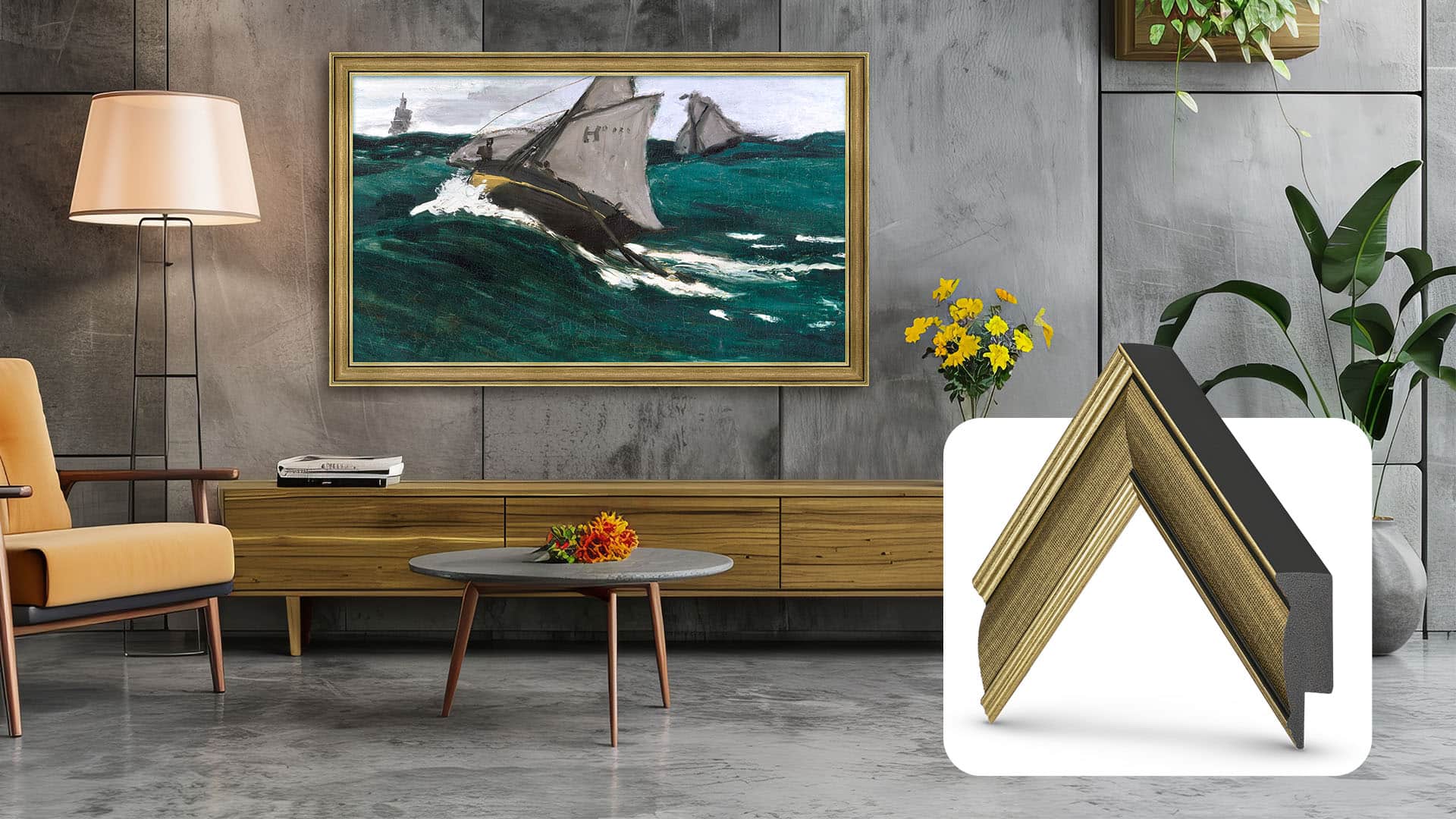 Front. Deco TV Frames - 50" Slim Bezel for Samsung The Frame TV - Industrial Brass.