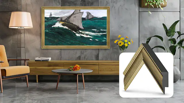 Front. Deco TV Frames - 75" Slim Bezel for Samsung The Frame and Frame Pro TV - Industrial Brass.