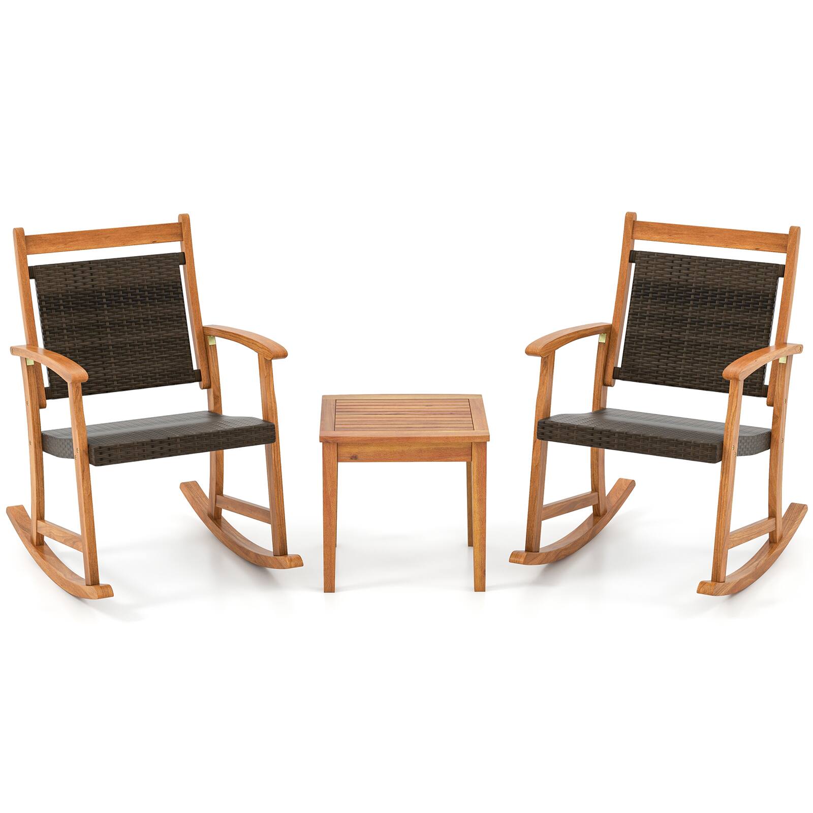 Alt View 8. Costway - Costway 3PCS Patio Rattan Rocking Chair Bistro Set Acacia Wood Frame Armrest - Mix Brown+Natural.