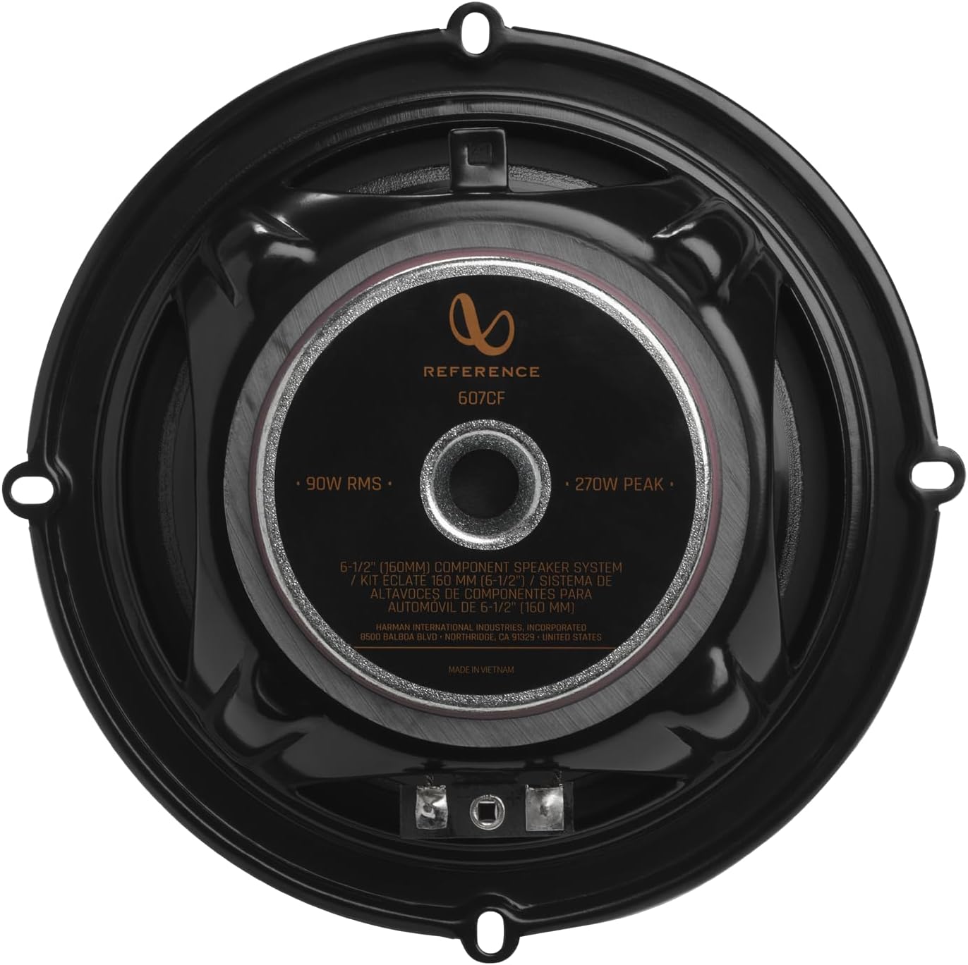 REFERENCE 607CF  
90W RMS  
270W PEAK  
6-1/2" (160MM) COMPONENT SPEAKER SYSTEM / KIT ECLATE 160 MM [6-1/2"] / SISTEMA DE ALTAVOCES DE COMPONENTES PARA AUTOMOVIL DE 6-1/2" (160 MM)  
HARMAN INTERNATIONAL INDUSTRIES, INCORPORATED  
U500 BALBOA BLVD - NORTH RIDGE  
MADE IN UNITED STATES