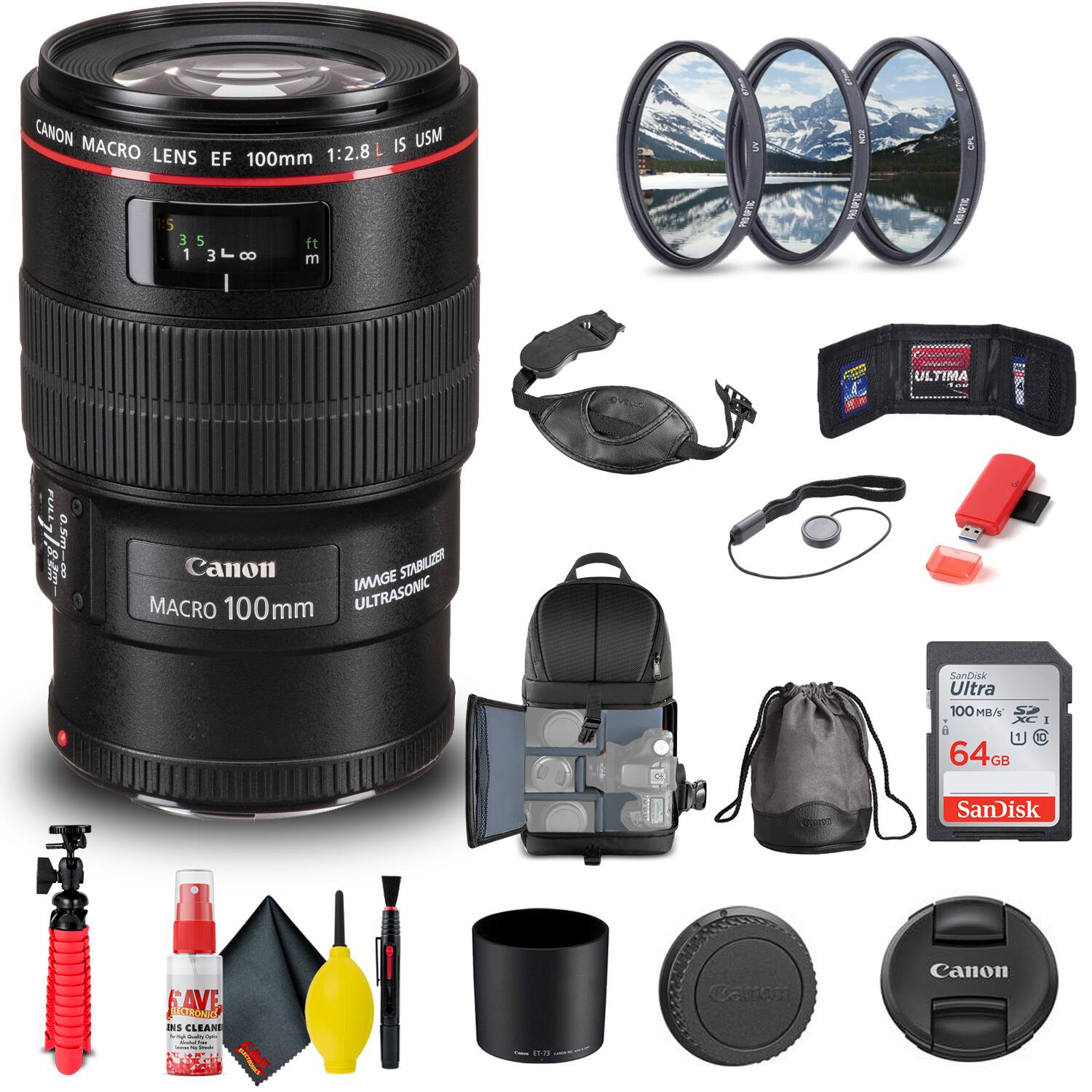 CANON MACRO LENS EF 100mm 1:2.8 L IS USM  
Canon IMAGE STABILIZER MACRO 100mm ULTRASONIC  
SanDisk Ultra 100 MB/s 64GB  
SAVE 5 ATRANIC IS CLEANER  
ULTIMA  
Canon