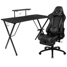 Emma + Oliver - Gaming Desk & Chair Set - Cup Holder, Headphone Hook, and Monitor Stand - Gray