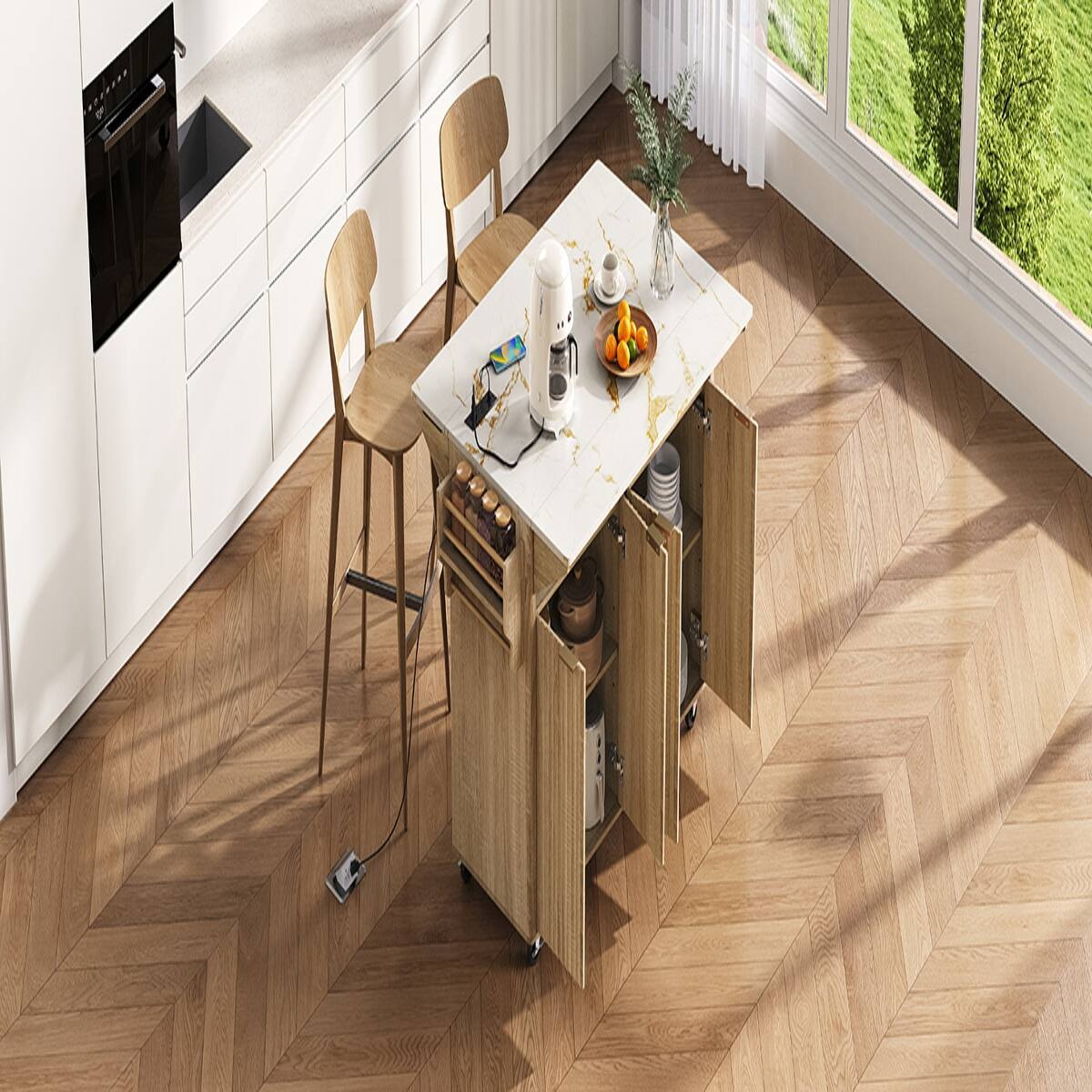 Alt View 7. Loheer - 55.5 inch fluted kitchen island with 2 drop leaf, faux marble top kitchen island, rolling kitchen cart with power outlet - Natural.