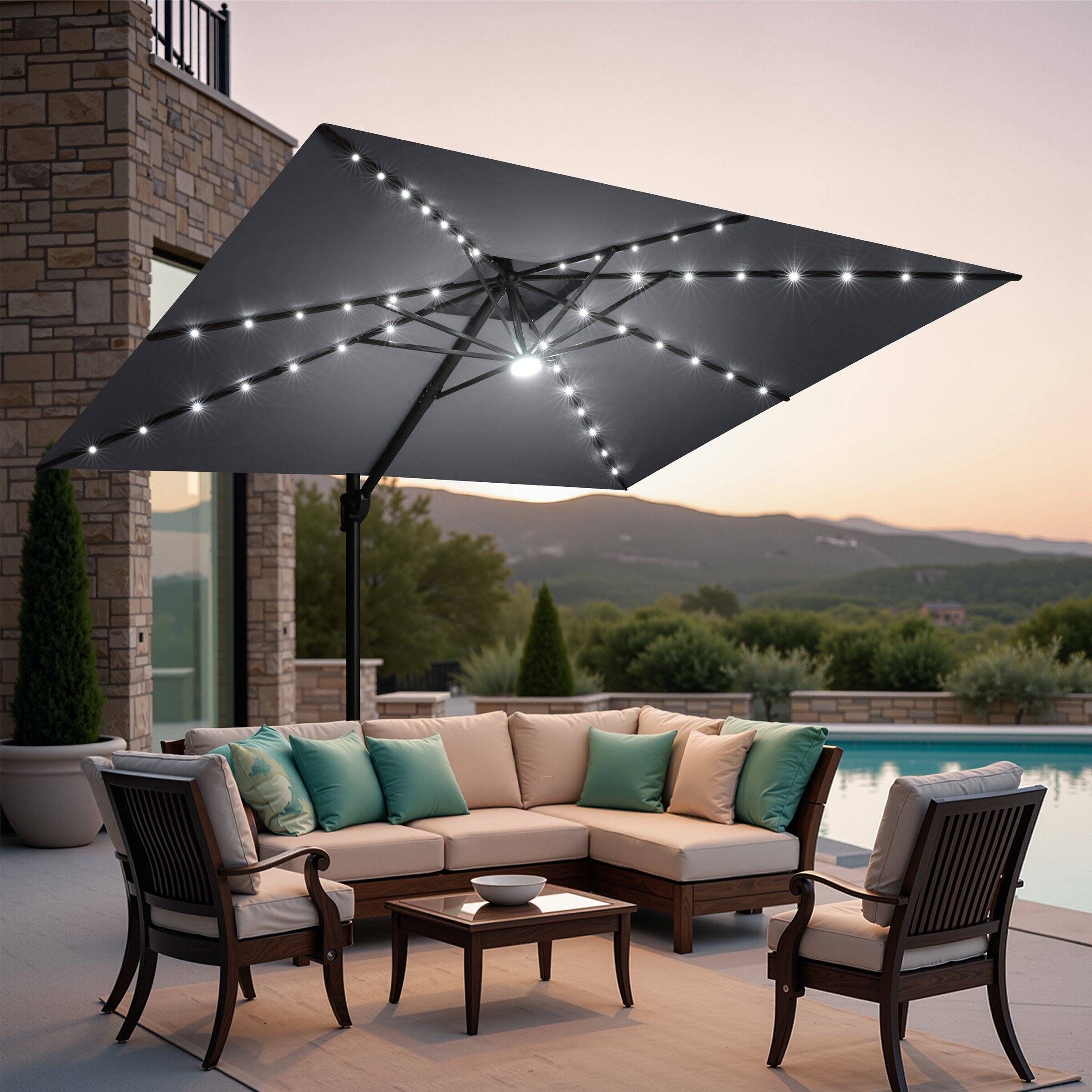 Alt View 7. Crestlive Products - Crestlive Products 9x11ft Aluminum Double Top Crank Cantilever Patio Umbrella with Lights with Base - Dark gray.