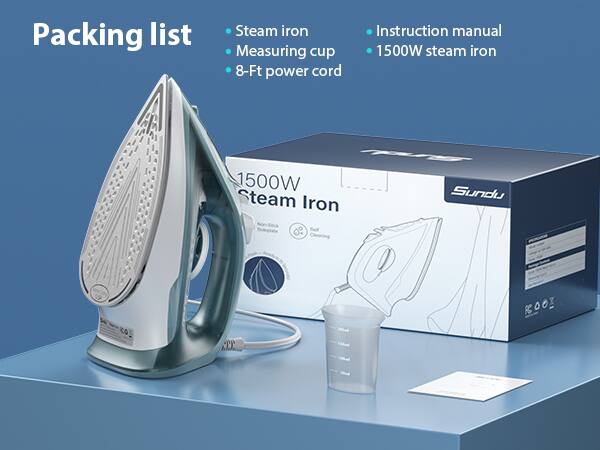 Packing list  
- Steam iron  
- Measuring cup  
- 8-Ft power cord  
- Instruction manual  
- 1500W steam iron  

1500W Steam Iron  
Sundu
