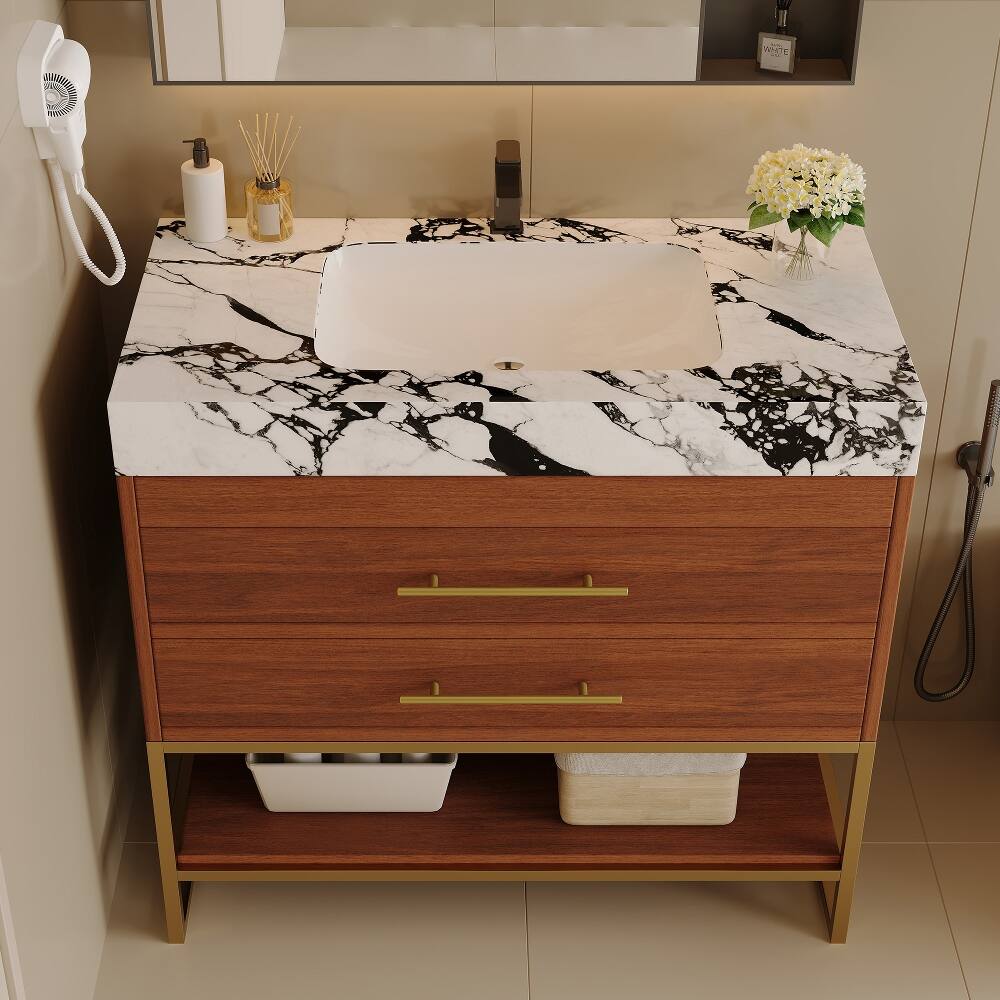 Back. Loheer - Loheer 30 inch freestanding bathroom vanity with sintered stone top, walnut and gold - Walnut, Gold, White.