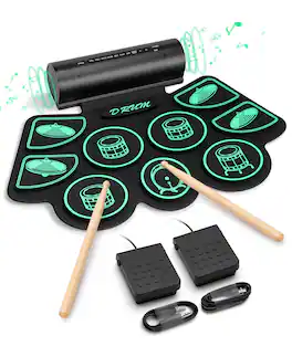 Sugift - Kids Roll-Up Electronic Drum Set with Speakers, Headphone Jack & Foot Pedals - Green