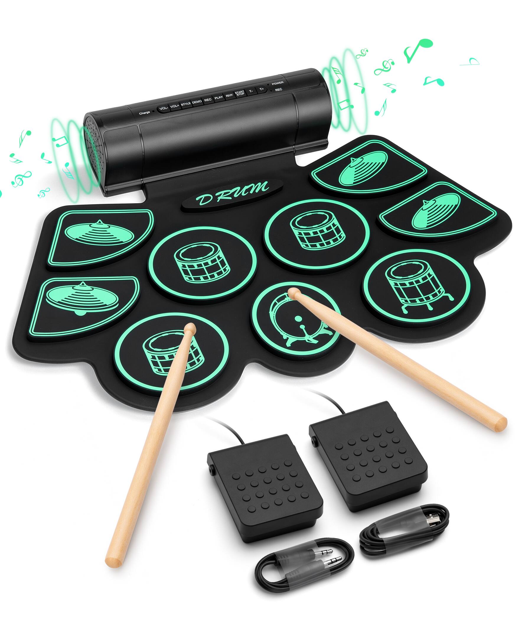 Front. Sugift - Kids Roll-Up Electronic Drum Set with Speakers, Headphone Jack & Foot Pedals - Green - Green.