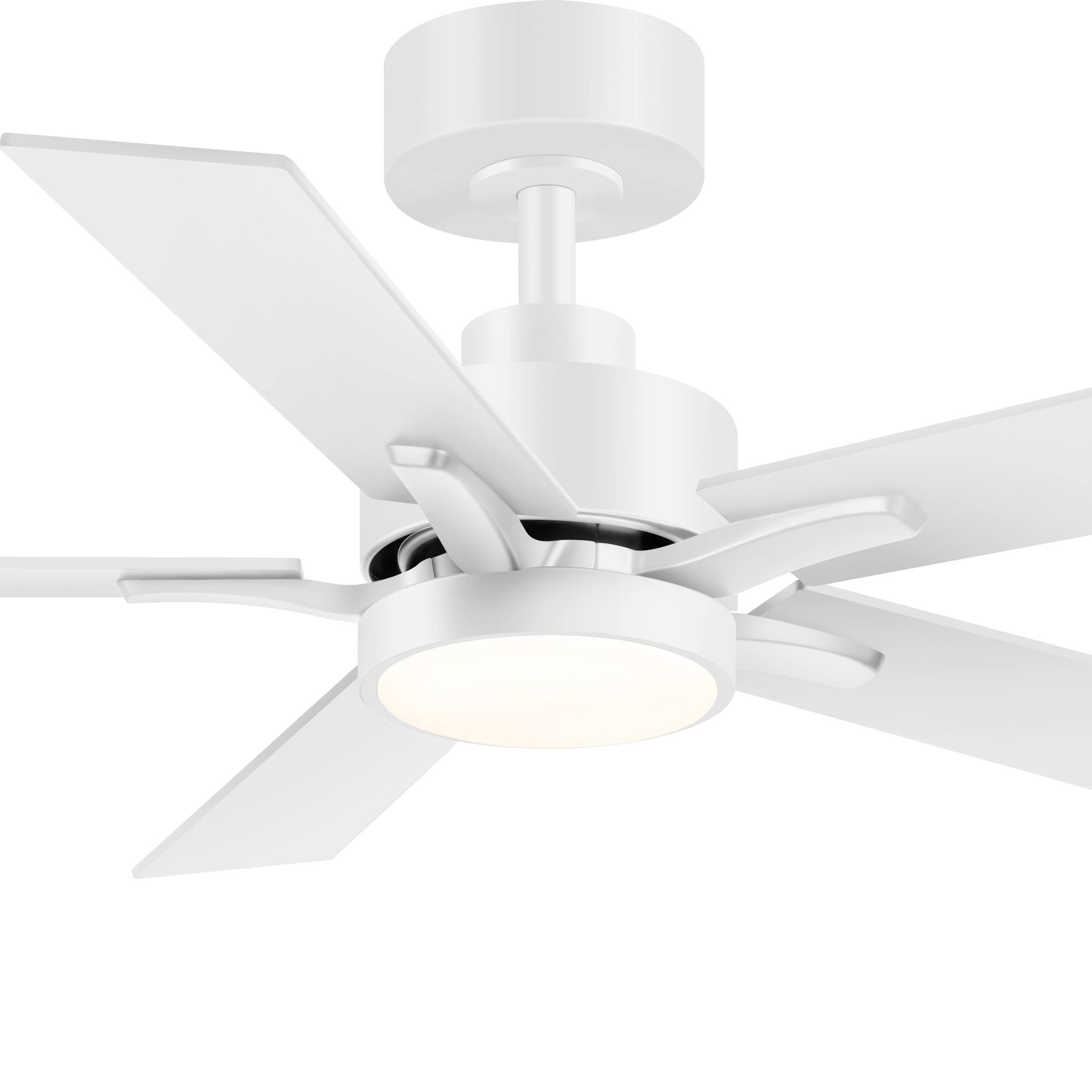 Left. Breezary - 42-in Integrated LED Ceiling Fan with Remote, 3-Color Light, 5 Blades, Reversible DC Motor - Matte White.