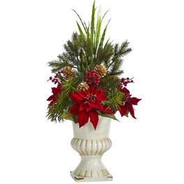 BreeBe - 28" Poinsettia Grass and Succulent Arrangement in White Urn - Multi