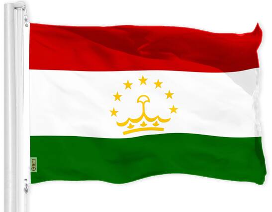 Front. G128 - Tajikistan Flag 3x5 ft - 150D Polyester, Brass Grommets. - Assorted Colors.