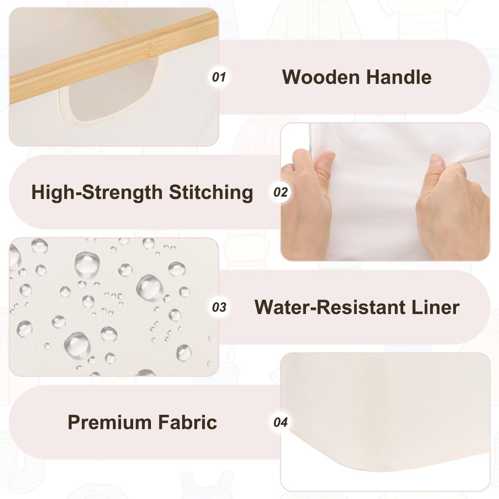 01 Wooden Handle High-Strength Stitching  
02 Water-Resistant Liner  
03 Premium Fabric