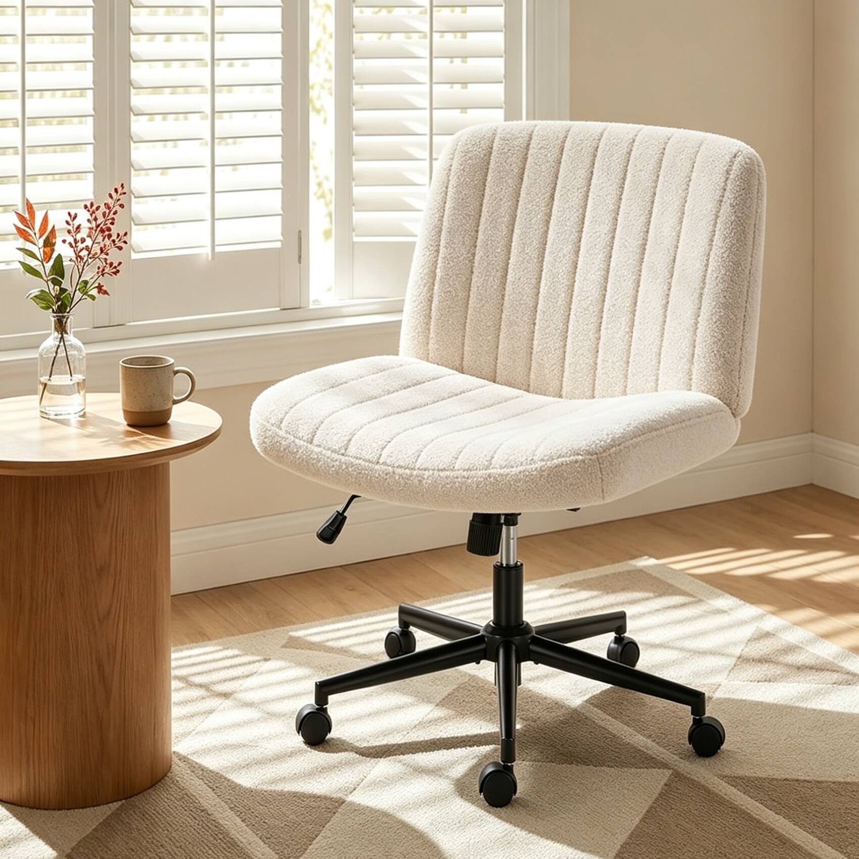 Angle. Sweet - Criss Cross Office Chair with Wheels, Wide Seat Armless Desk Vanity Chair, Teddy Velvet, Beige - Beige.