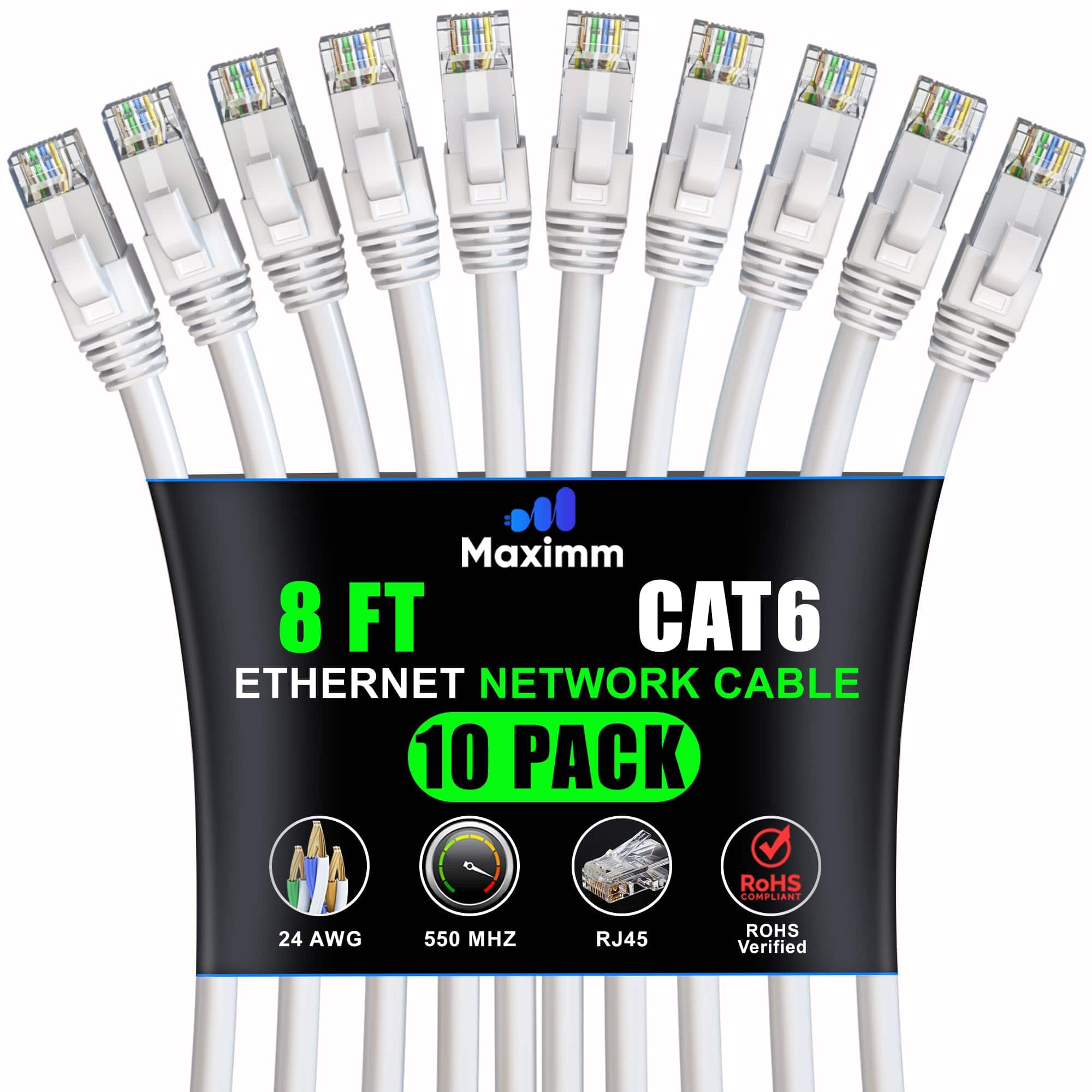 Maximm - Cat 6 Ethernet Cable 8 ft (10-Pack) - UTP, 10Gbps, 550MHz