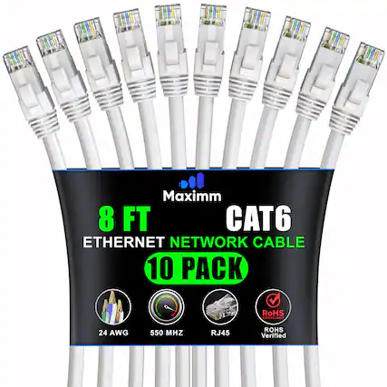 Maximm 8 FT CAT6 ETHERNET NETWORK CABLE 10 PACK
RoHS COMPLIANT
24 AWG
550 MHZ
RJ45
RoHS Verified