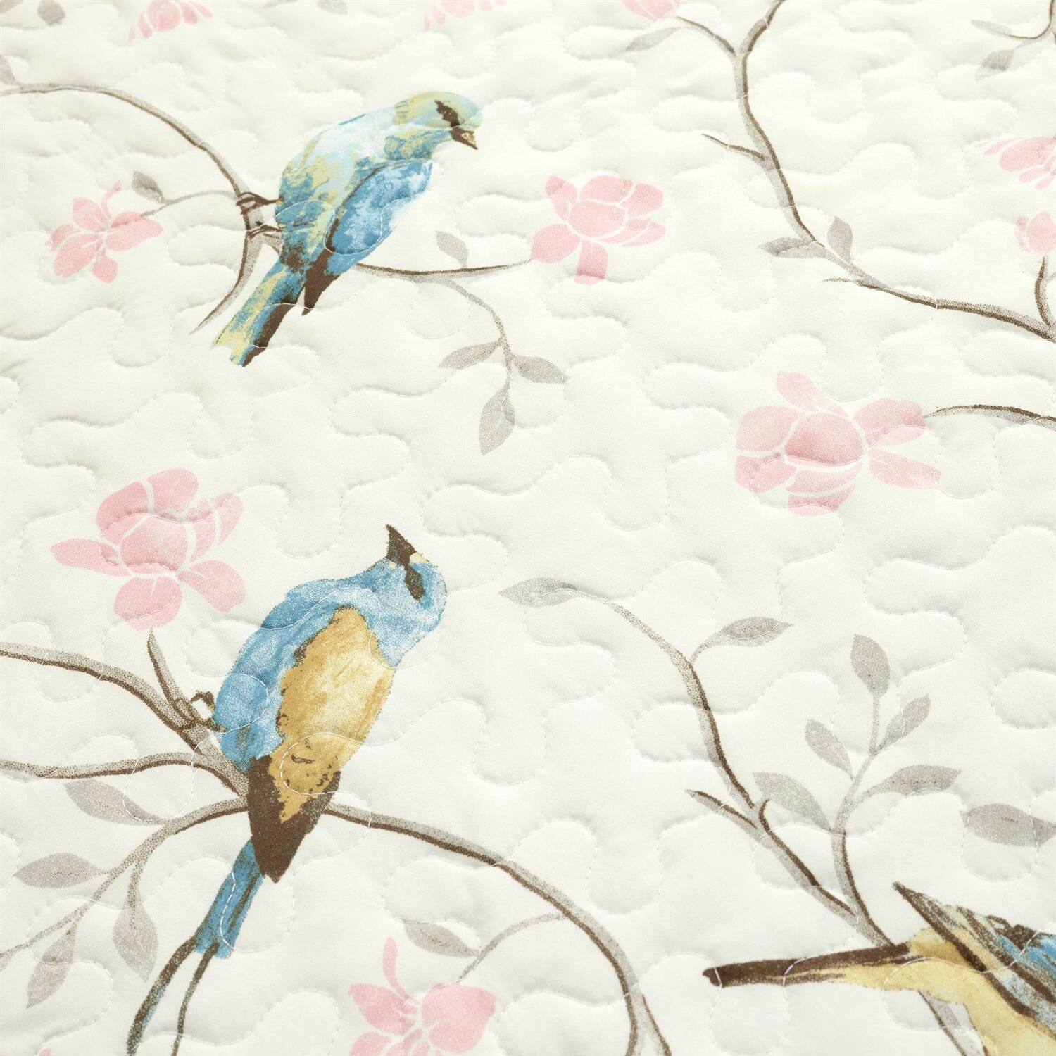 Left. Hivvago - King Size Reversible Polyester Lightweight Floral Birds 3 Piece Quilt Set - White, Light Blue.