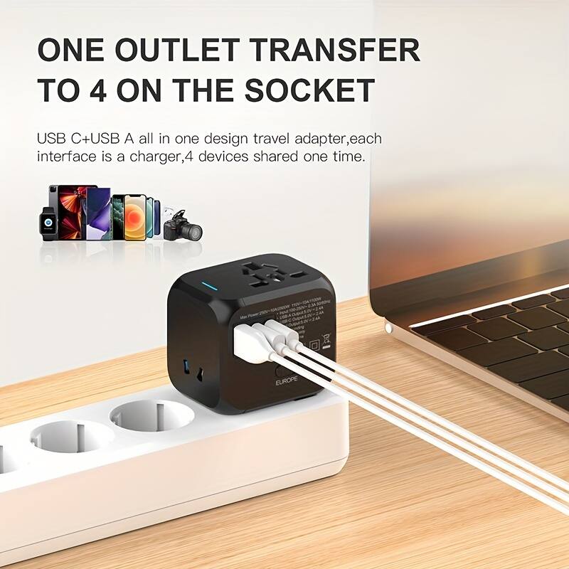 ONE OUTLET TRANSFER TO 4 ON THE SOCKET

USB C+USB A all in one design travel adapter, each interface is a charger, 4 devices share one time.