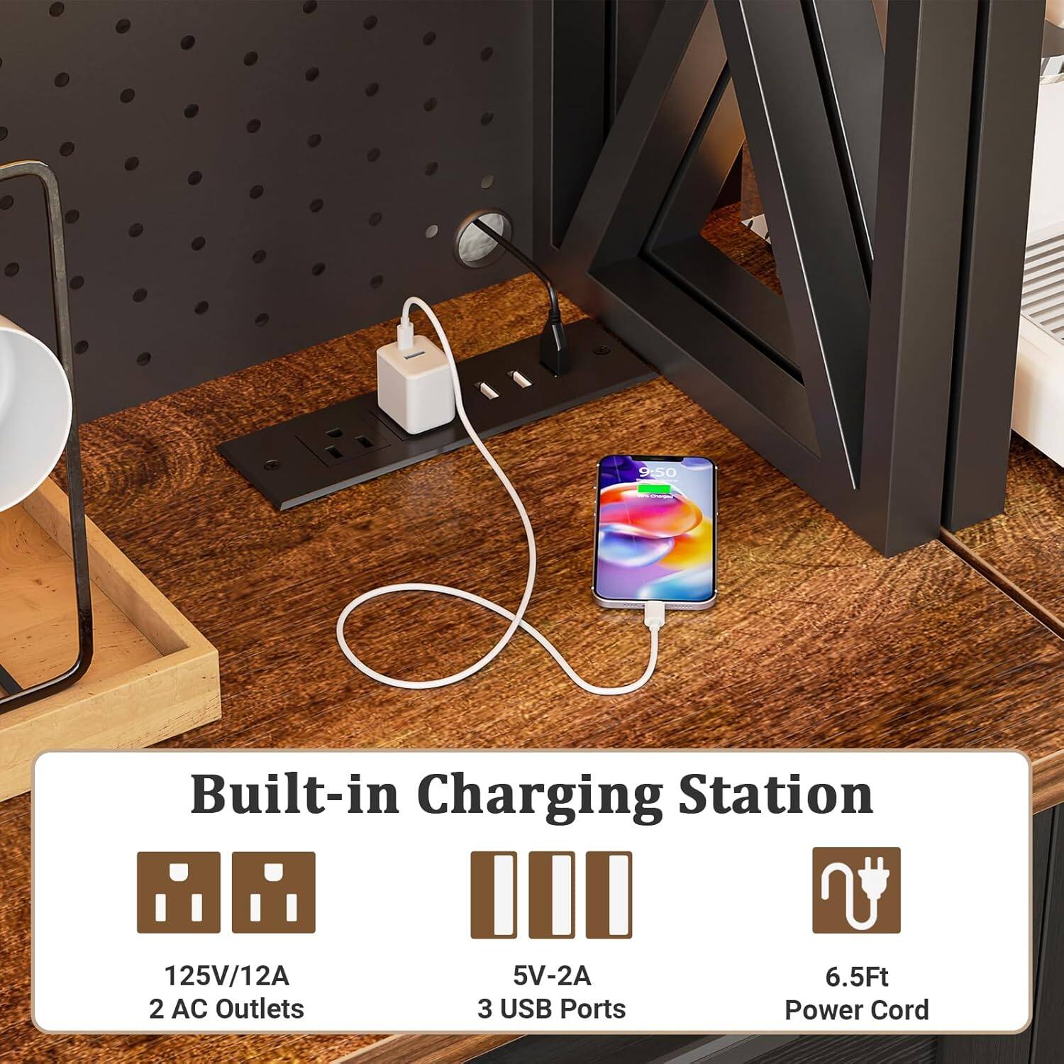 9:50 Built-in Charging Station 125V/12A 2 AC Outlets 5V-2A 3 USB Ports 6.5Ft Power Cord