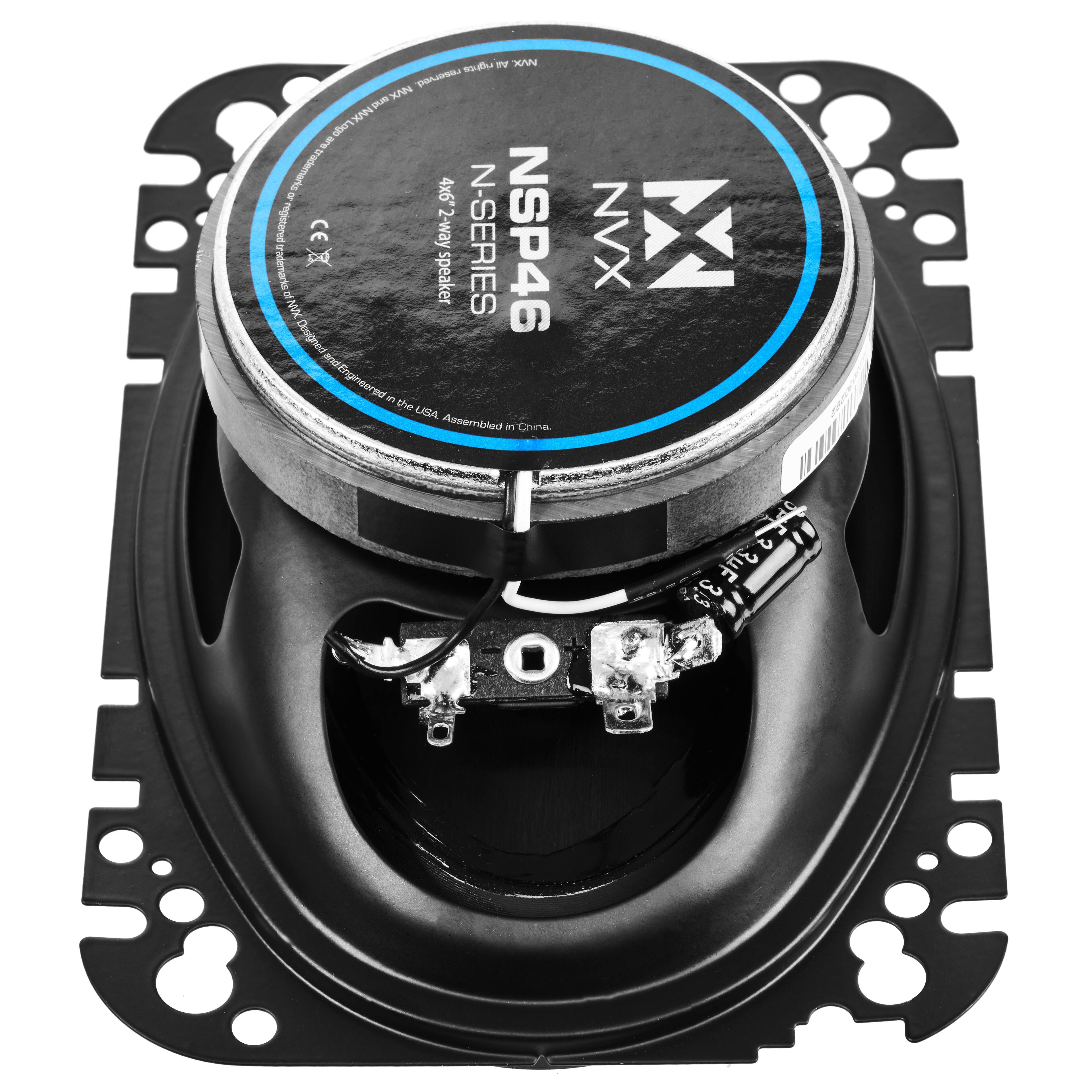 TXAN neserv A nthinot uban I trademarks 4x6 e registered CE 2-way N-SERIES NSP46 @odemarks speaker L XW Designed and Engineered in the USA Assembled in China NVX X O 2 3uF 3.3