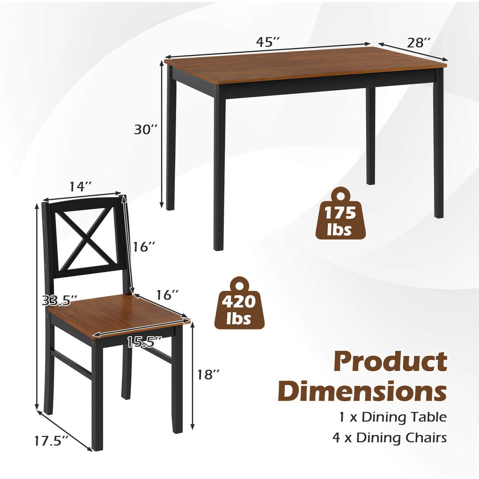 45" x 28"  
30"  
14"  
16"  
175 lbs  
33.5"  
17.5"  
16"  
15.5"  
420 lbs  

Product Dimensions  
1 x Dining Table  
4 x Dining Chairs