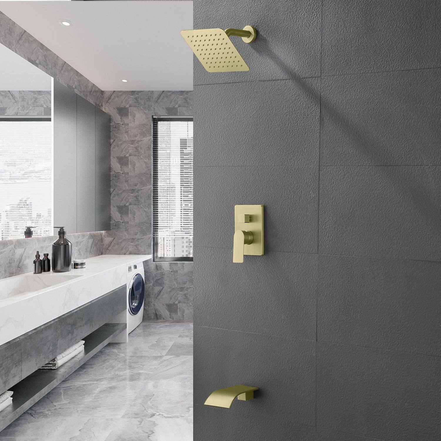 Alt View 6. Boyel Living - Single Handle 1 Spray Tub and Shower Faucet with 8 Inch Square Fixed Shower in Brushed Gold Valve Included - Brushed Gold.