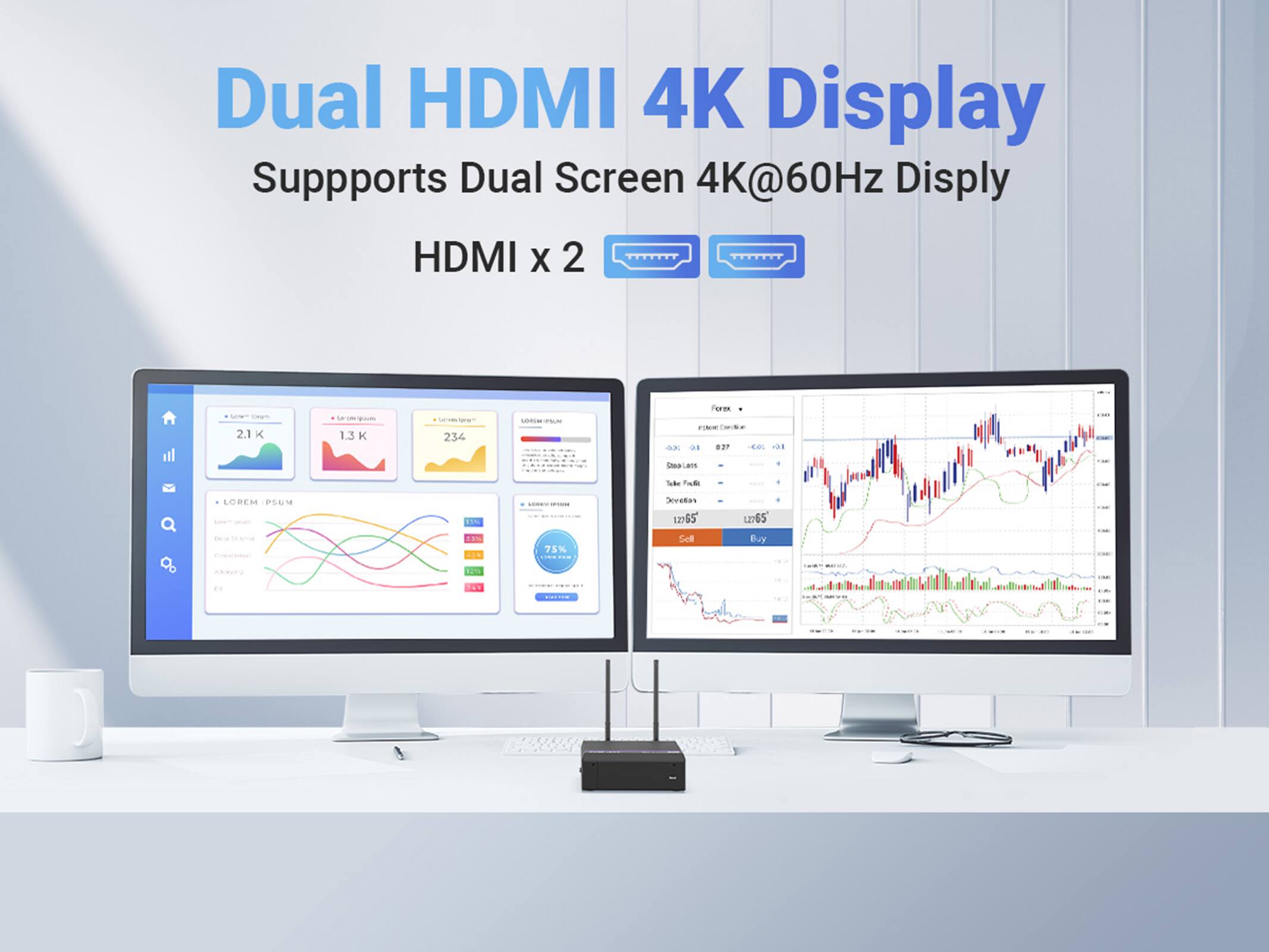 Dual HDMI 4K Display Supports Dual Screen 4K@60Hz Display - Fores 2.1 K 1.3 - 234 AR a1 ... 15% Severe Focus LOREM PSUM 1 15% Severe Focus ... 75% Sell Buy AERU 1%