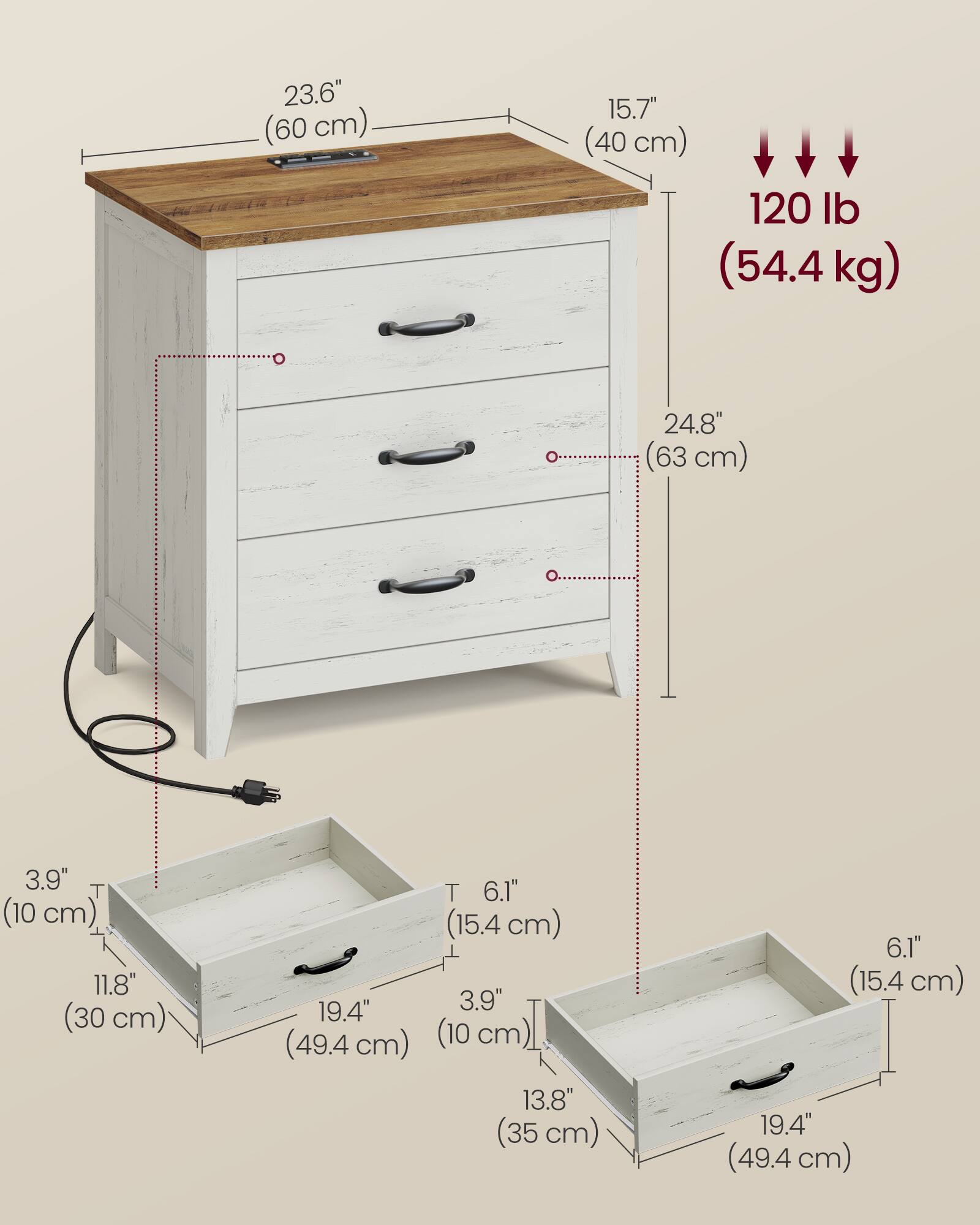 23.6" (60 cm)  
15.7" (40 cm)  
120 lb (54.4 kg)  
24.8" (63 cm)  
3.9" (10 cm)  
11.8" (30 cm)  
19.4" (49.4 cm)  
6.1" (15.4 cm)  
3.9" (10 cm)  
13.8" (35 cm)  
6.1" (15.4 cm)  
19.4" (49.4 cm)