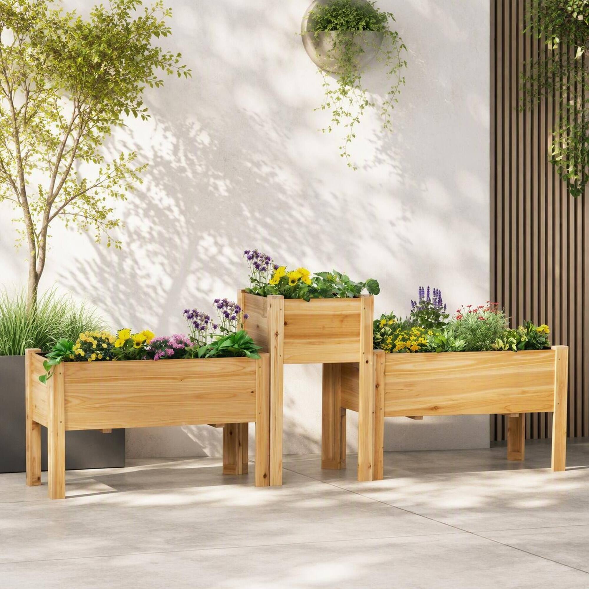 Alt View 3. RYHNUYNE - 3-Piece Wooden Raised Garden Bed Set with Legs and Liner for Vegetables Herbs Flowers in Backyard Patio, Natural - Natural Wood.