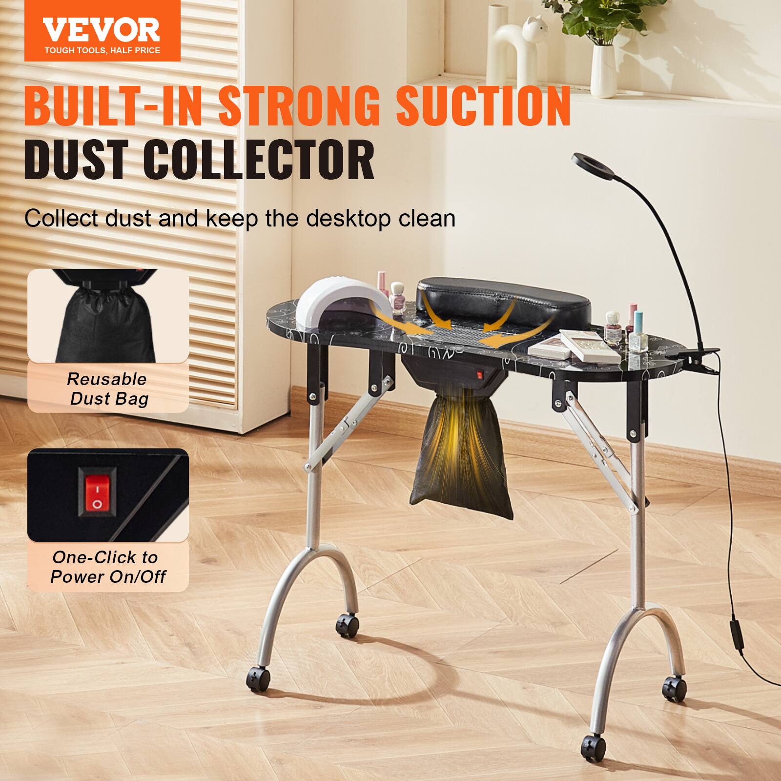 VEVOR TOUGH TOOLS, HALF PRICE

BUILT-IN STRONG SUCTION DUST COLLECTOR

Collect dust and keep the desktop clean

Reusable Dust Bag

One-Click to Power On/Off
