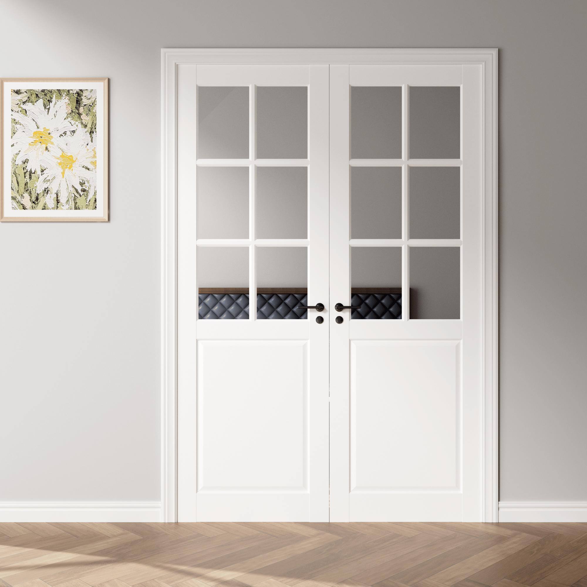 Front. Mirfee - Interior Transparent Glass French Doors, Classic Style - White.