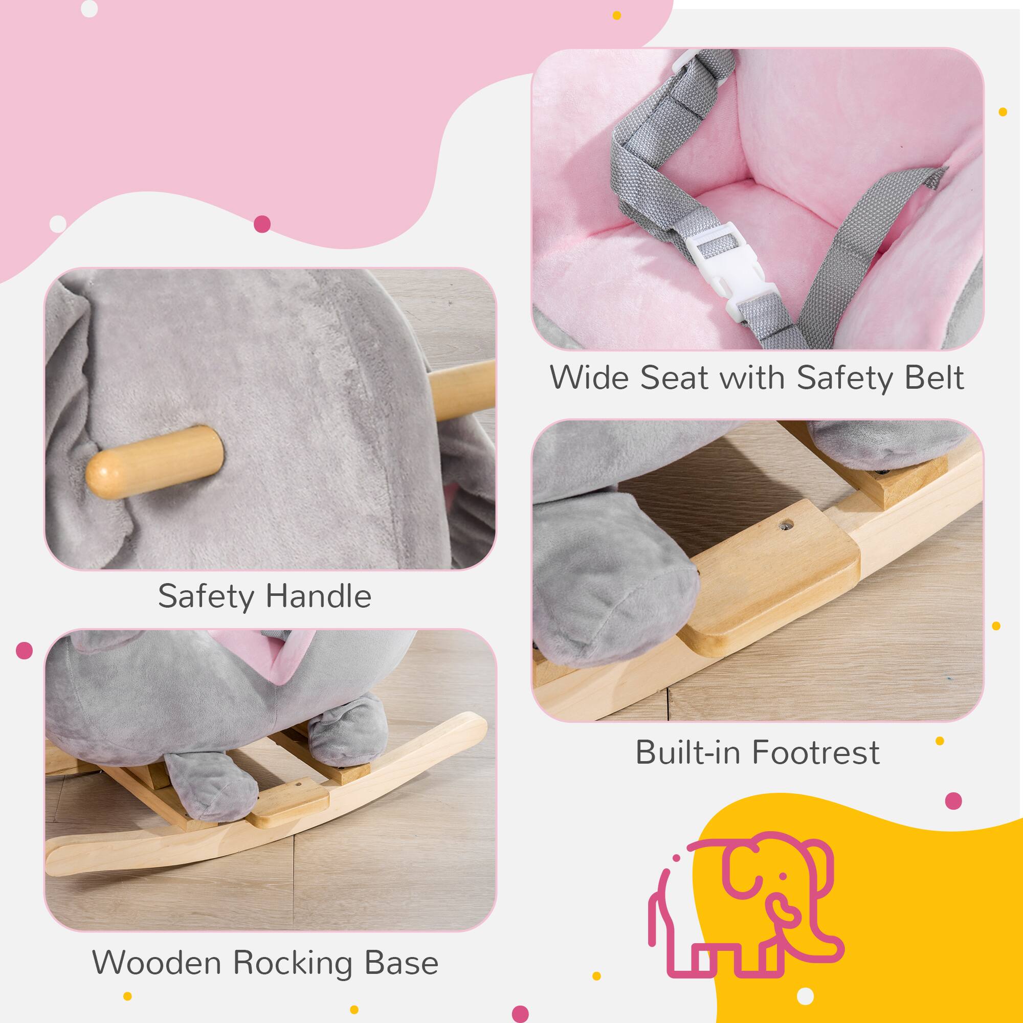 - Wide Seat with Safety Belt
- Safety Handle
- Built-in Footrest
- Wooden Rocking Base