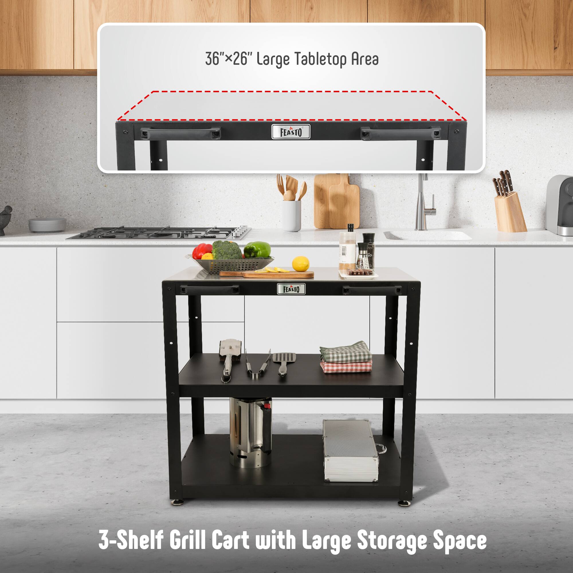36" x 26" Large Tabletop Area

3-Shelf Grill Cart with Large Storage Space