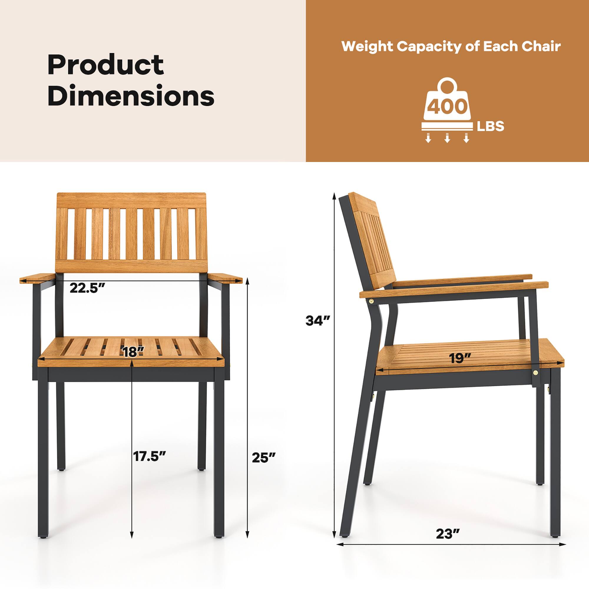 Product Dimensions

Weight Capacity of Each Chair: 400 LBS

- Bench: 22.5" (width) x 18" (depth) x 17.5" (height) x 25" (leg width)
- Chair: 34" (height) x 19" (seat width) x 23" (seat depth)