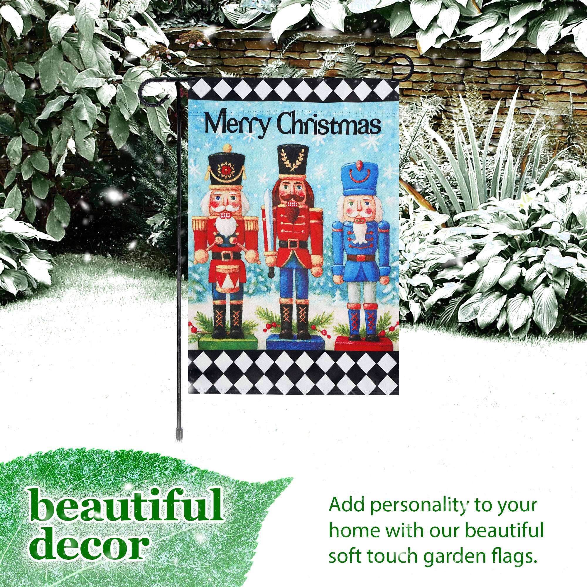 Merry Christmas  
beautiful decor  
Add personality to your home with our beautiful soft touch garden flags.
