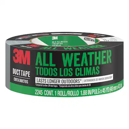 3M All Weather Duct Tape
Todos los Climas
Cinta de Mayor Duración*
Lasts Longer Outdoors*
Exteriores de Mayor Duración*
Compared to other 3M duct tapes
Compareda con otras cintas para ductos de 3M
2245 Cont. 1 Rollo
1.88 in/Pulg x 45 Yd (48 mm x 41.1 m)
3M St. Paul, MN 55144
1-800-494-3552
www.3M.com
