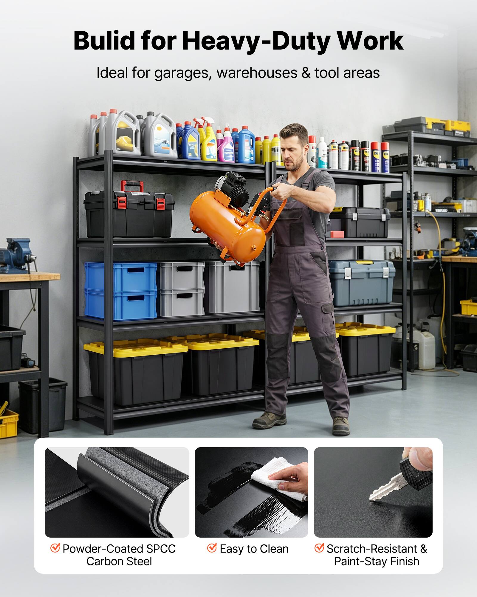 Build for Heavy-Duty Work  
Ideal for garages, warehouses & tool areas  

- Powder-Coated SPCC Carbon Steel  
- Easy to Clean  
- Scratch-Resistant & Paint-Stay Finish