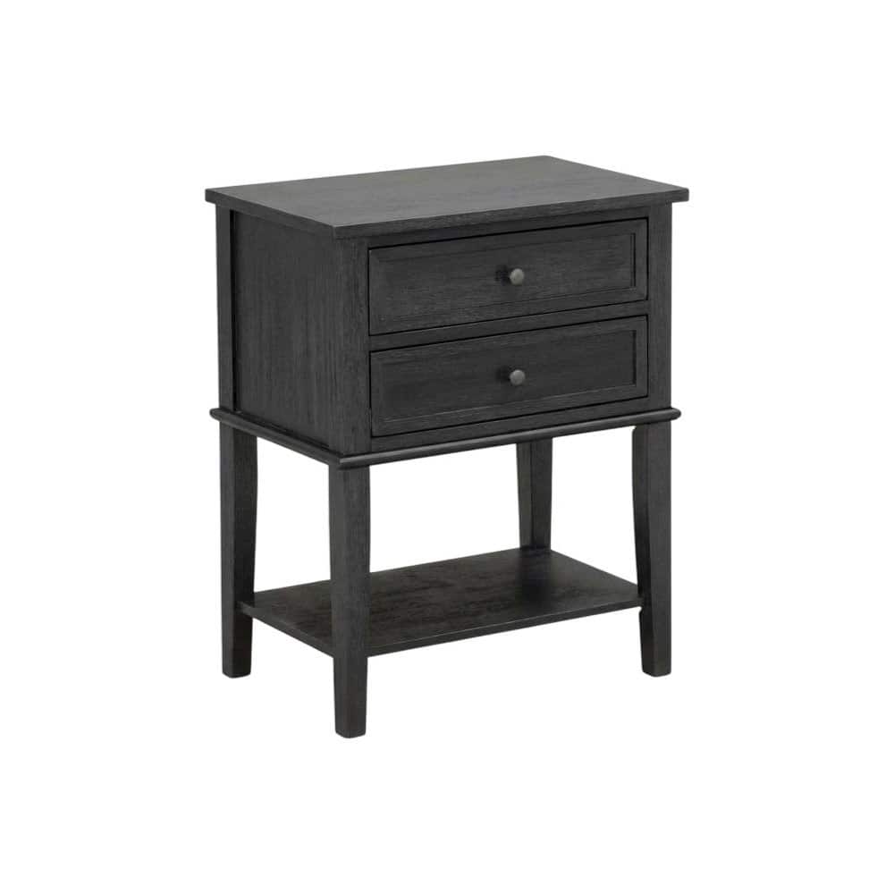 FurniFact - Black Wood Nightstand with 2 Drawers for Bedroom - Wire Brushed Black