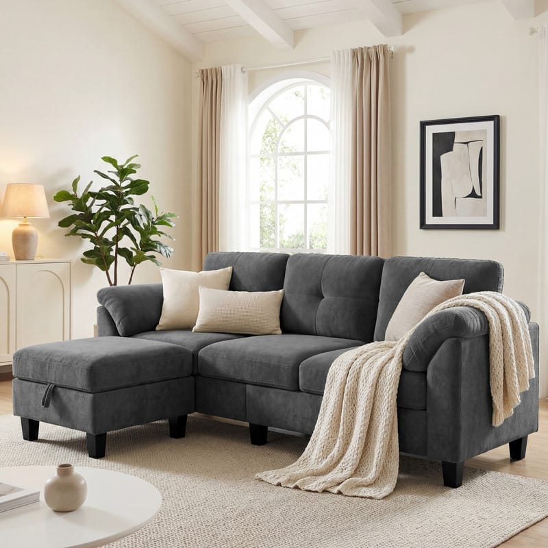 Dyonery - 79" Modular L-Shaped Sectional Sofa, Modern 4-Seat Cloud Couch with Storage Ottoman, Comfy Convertible Furniture Set. - Gray