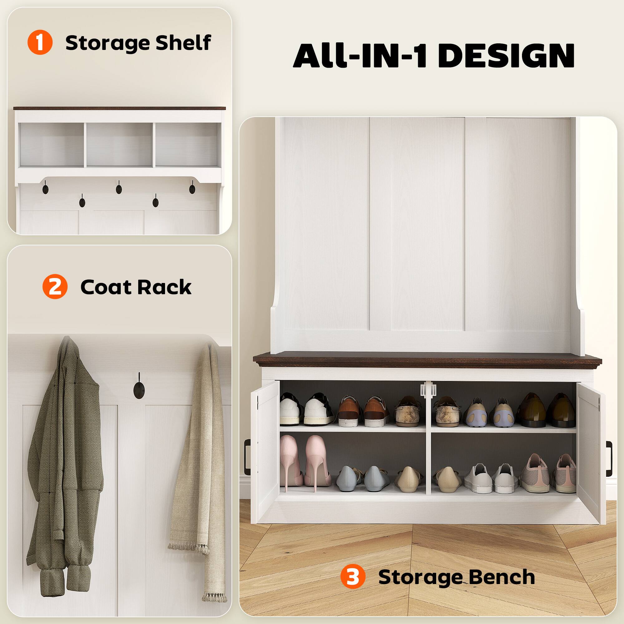 1 Storage Shelf
2 Coat Rack
3 Storage Bench
All-IN-1 DESIGN
