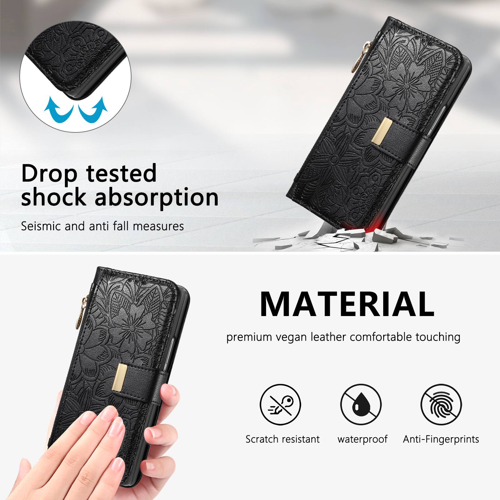 Drop tested shock absorption  
Seismic and anti fall measures  

MATERIAL  
premium vegan leather comfortable touching  
Scratch resistant waterproof Anti-Fingerprints