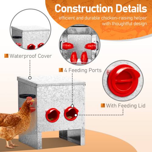 Construction Details  
efficient and durable chicken-raising helper with thoughtful design  
- Waterproof Cover  
- 4 Feeding Ports  
- With Feeding Lid