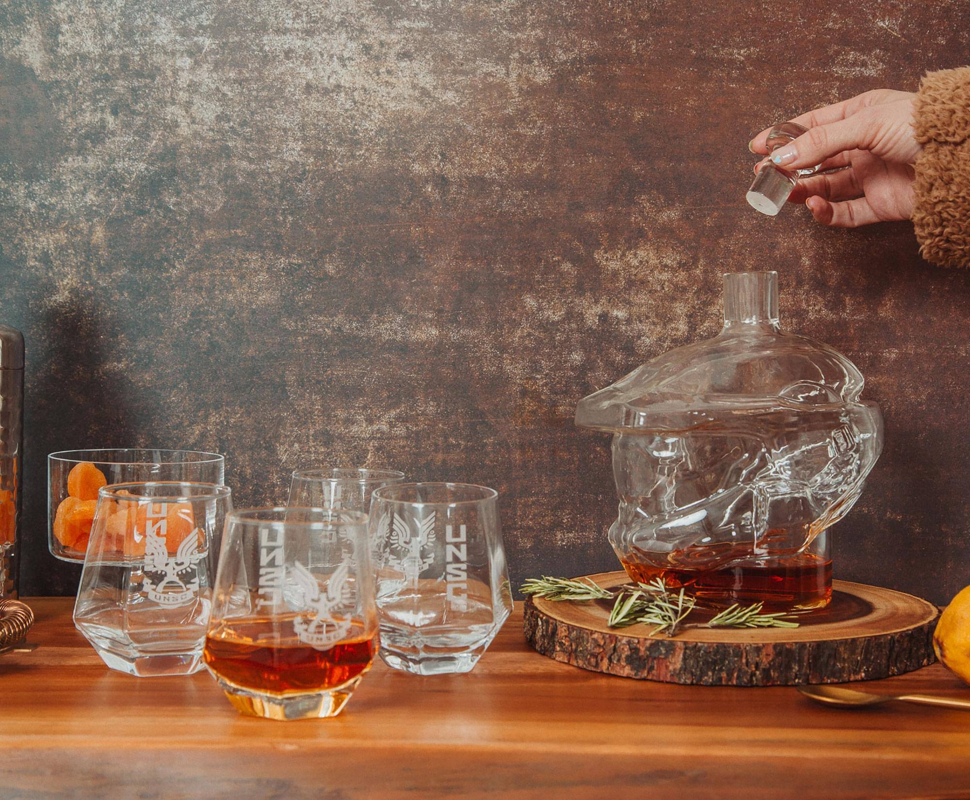 Alt View 2. Ukonic - Halo Infinite Master Chief Helmet 6-Piece Whiskey Decanter Set with Glasses - Clear.