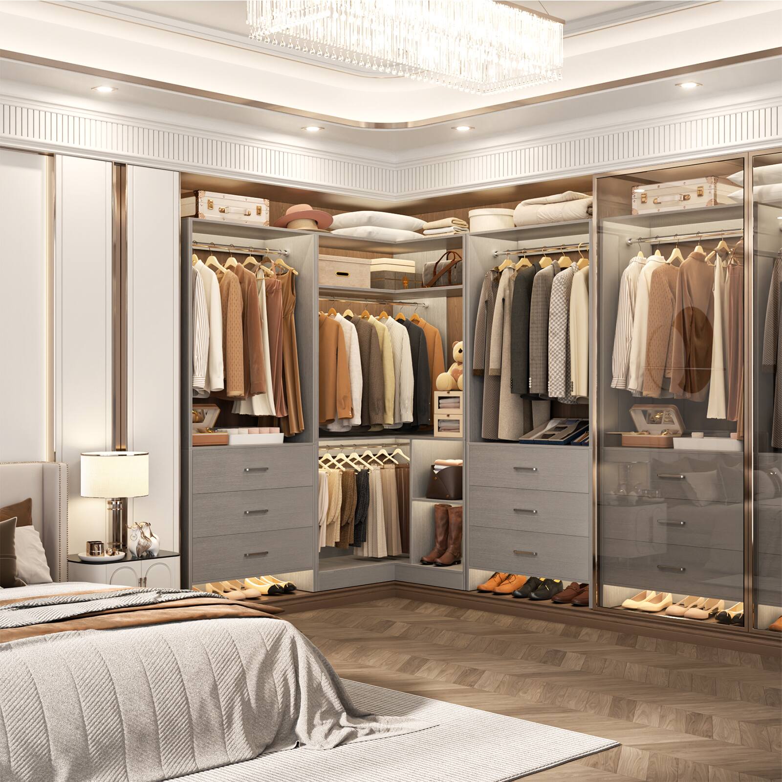 Left. Aheaplus - 55.2'' - 80.9'' W Corner Closet Organizer System with 6 Wooden Drawers and 4 Hanging Rods - Gray.