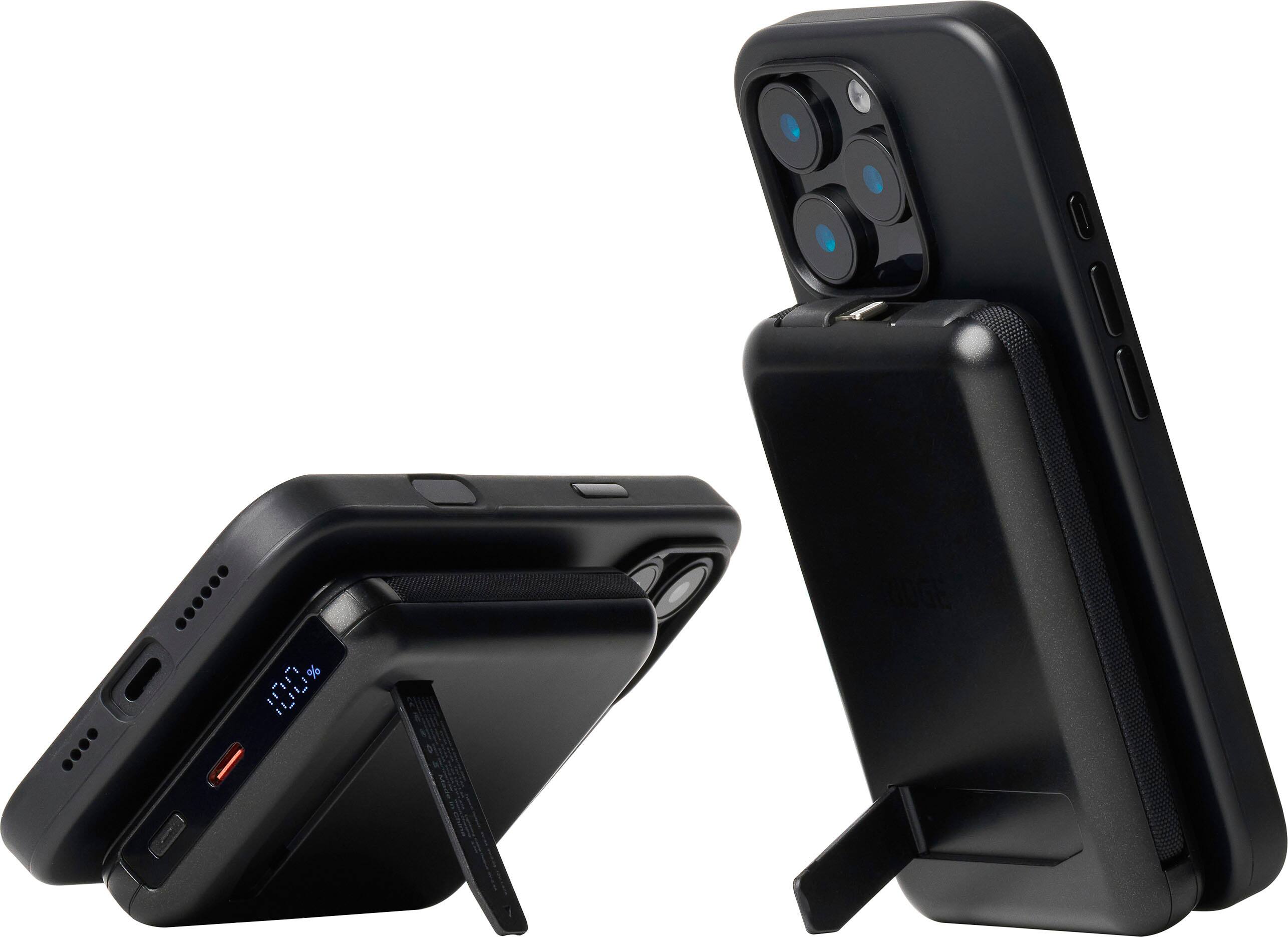 Alt View 1. The Ridge Wallet - MAGSAFE POWER BANK 10,000mAh 20w 5-in-1 with integrated lightning and USB-C cables, Apple Watch charging, and Kickstand - Black.